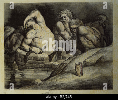 Dore, Gustave (1832-1883), Illustration, von der "Göttlichen Komödie" von Dante Alighieri, Canto 31: 'Vergil und Dante vor der verkettete Riesen,', Holzstich, farbig, 1860, Privatsammlung, Artist's Urheberrecht nicht gelöscht werden Stockfoto