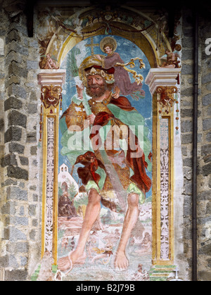 Der heilige Christopher, Märtyrer, 'St. Christopher mit dem Christuskind in voller Länge, Wandgemälde, Höhe ca. 800 cm, St. Sigmund, Ortskirche, Südtirol, 1519, Stockfoto