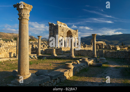 die antike römische Ruinen mit dem Triumphbogen und Basilika über Volubilis, Marokko Stockfoto