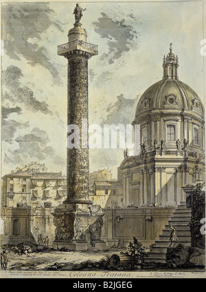 Geographie/Reisen, Italien, Rom, Denkmäler, die Trajan Spalte, Kupferstich, farbig, von Giovanni Battista Piranesi (1720 - 1778), aus der Serie "Vedute di Roma", Italien, 1773, Artist's Urheberrecht nicht geklärt zu werden. Stockfoto