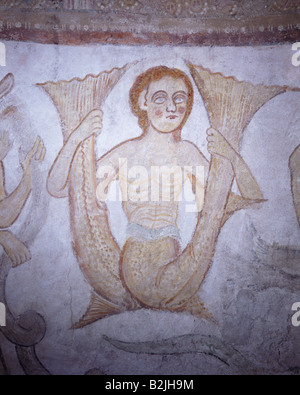 Bildende Kunst, Mittelalter, Wandmalerei, Doppel-Sirene, Symbol der Lust, Fresko tailed, St. Jakob Kirche, Kastelaz, Südtirol, Italien, Anfang des 13. Jahrhunderts, Artist's Urheberrecht nicht gelöscht werden Stockfoto