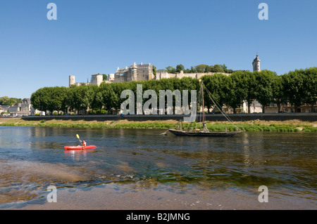 Kanuten und Aussicht auf den Fluss Vienne der königlichen Festung von Chinon, Frankreich. Stockfoto