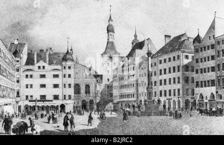 Geographie/Reise, Deutschland, München, Marienplatz, Blick, nach dem lithographischen Bild von Carl August Lebschee, ca. 1850, Stockfoto