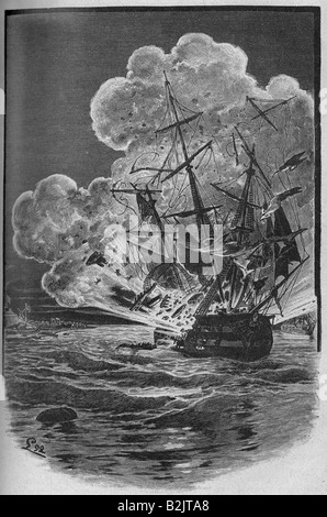 Ereignisse, Erster Schleswig-Holsteinischer Krieg 1848 - 1851, Schlacht bei Eckernforde, 9.4.1849, dänisches Schiff der Linie "Christian VIII." explodiert, Holzgravur, 1892, Stockfoto