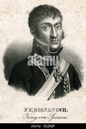 Ferdinand VII., 14.10.1784 - 29.11.1834, König von Spanien 19.3. - 2.5.1808, 11.12.187 - 29.9.182, Porträt, lithograph, Stockfoto