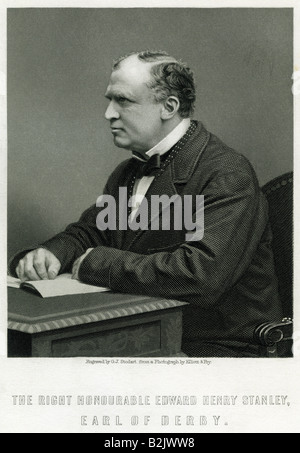 Stanley, Edward Henry, 15. Earl of Derby, 21.7.1826 - 22. 4.1893, britischer Politiker, Außenminister 6.6.1866 - 9.12.1868, 21.2.1874 - 2.4.1878, halbe Länge, Stahlstich von G. J. Stodart, von einem Foto, England, 19. Jahrhundert, Artist's Urheberrecht nicht geklärt zu werden. Stockfoto