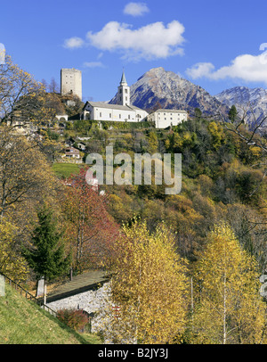 Geographie/Reisen, Schweiz, Graubünden, Santa Maria in Calanca, Blick auf die Stadt, Kirche Santa Maria Assunta, Wohnturm Torre di Santa Maria, Additional-Rights - Clearance-Info - Not-Available Stockfoto