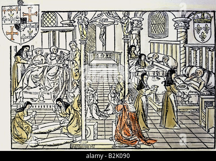 Medizin, Pädemik, Pestopfer im Krankenhaus, Illustration des Ablassbriefs, links: Nähen von Leichnam, Paris, ca. 1490, Stockfoto