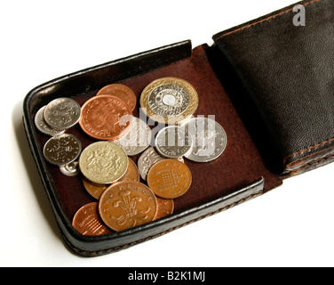 UK-Münzen in einem offenen Geldbeutel / Geldbörse - kleine Änderung Stockfoto