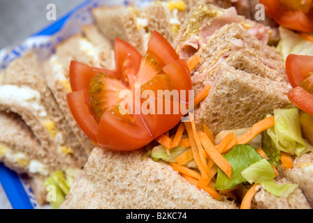 Essen frischen Tomaten garnieren Teller mit frisch zubereiteten Schwarzbrot Schinkensandwiches Stockfoto