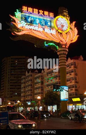 China, Nanjing, Neon beleuchtet Straßenschild am Eingang der Fußgängerzone Hunan Road in der Nacht Stockfoto