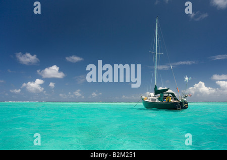 Ein einsamer Kreuzfahrt-Segelboot in der Karibik diesein war zu den Tobago Cays nur innen Horseshoe Reef Stockfoto