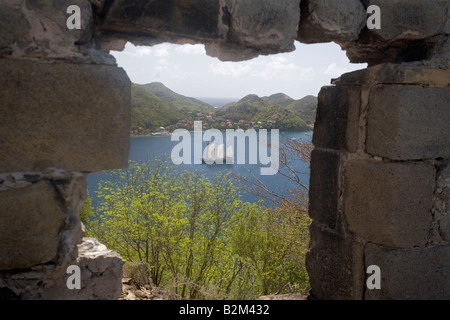 Ein 3 Mast Gaffel getakelt Schiff Segel von Bourg de Saintes auf der Insel von Terre D En Haut in der Inselgruppe Iles des Sain genannt Stockfoto