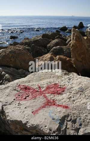 rote Insekten Graffiti auf Felsen Meer gemalt Stockfoto