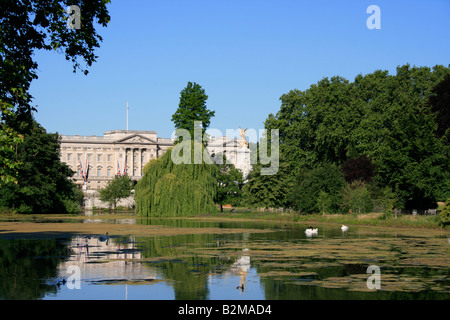 Buckingham Palace über den See in St James Park aus gesehen Stockfoto