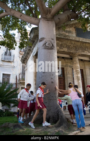 Kubaner feiern Jahrestag der ersten Masse und Stadtrat Spaziergang durch den berühmten Baum von El Templete der dorischen. Havanna Stockfoto