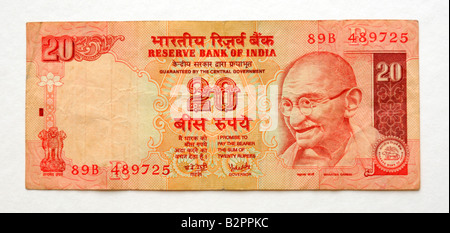 Indien 20 Rupien-Banknote Stockfoto