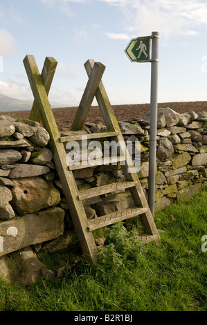 hölzernen Stil und öffentlichen Weg Wegweiser auf Fußweg überqueren einer Trockensteinmauer, Snowdonia, North Wales, UK Stockfoto