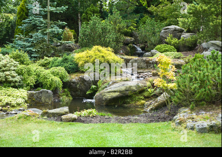 Steingarten mit Teich, Wasserfall, Sträuchern und Bäumen im Garten-Design von Bahaa Seedhom North Yorkshire England Mai Stockfoto