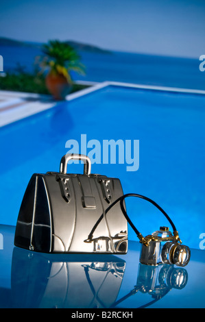 BLING BLING Luxus Urlaub Konzept, Silber Koffer und Crystal Kamera mit privaten Infinity Pool und Meer im Hintergrund Stockfoto