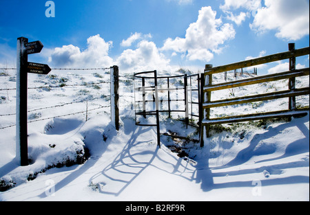 Schatten auf neu gefallene Schnee geworfen von einem schmiedeeisernen Tor und Zaun mit einem Wegweiser zu küssen. Stockfoto