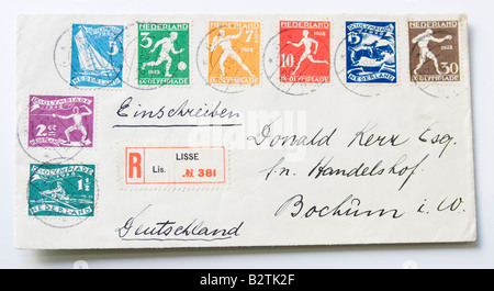 Original Briefumschlag mit vollständigen Reihe von Briefmarken für die Olympischen Spiele 1928 in Amsterdam gemacht Stockfoto