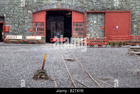 Lokschuppen mit Motor "Una" und Punkte Hebel.  Welsh Slate Museum, Llanberis.  Snowdonia-Nationalpark.  Wales. Stockfoto