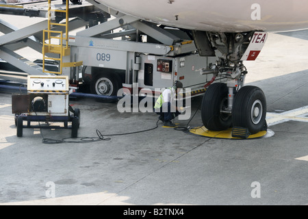 Flugzeug-Wartungsteam Überprüfung Flugzeug Reifen Soekarno Hatta International Airport, Jakarta, Indonesien. Stockfoto