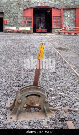 Lokschuppen mit Motor "Una" und Punkte Hebel.  Welsh Slate Museum, Llanberis.  Snowdonia-Nationalpark.  Wales. Stockfoto