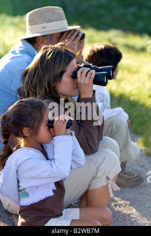 Hispanische Familie Wildbeobachtung mit dem Fernglas im Yellowstone-Nationalpark, Wyoming Stockfoto