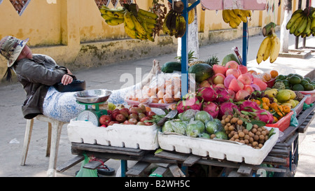 Frau schläft bei Fruit stall Straße historische Hoi An Vietnam Stockfoto