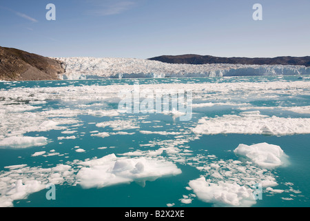 Die Schnauze des Eqip Sermia Gletschers im Camp Victor nördlich von Ilulissat auf Grünlandflächen Westküste Stockfoto