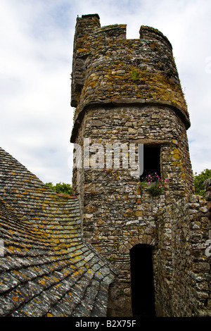 Stein-Dach und Turm im Spie mittelalterliche Burg, Normandie, Frankreich Stockfoto