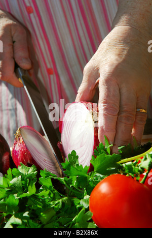 Hände einer älteren Frau Kochen mit frischem Gemüse Stockfoto