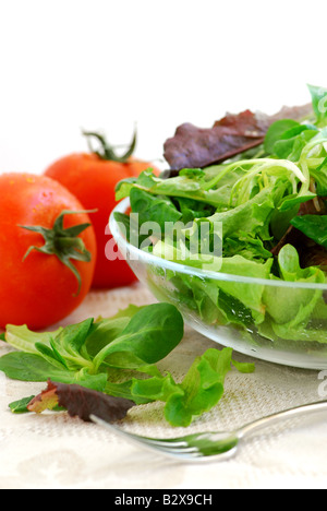 Frische Baby grünen Salat und Tomaten auf weißem Hintergrund Stockfoto