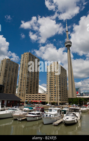 Hochhauswohnungen und der CN Tower gesehen vom Hafen von Toronto, Ontario, Kanada. Stockfoto