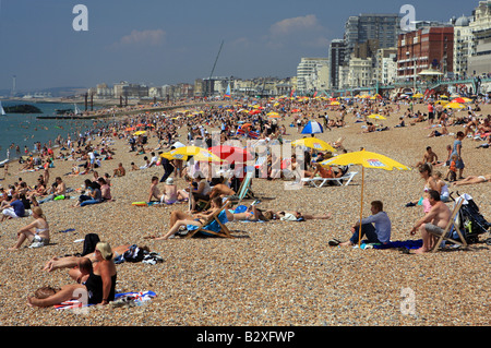 Menschen entspannen am Brighton Strand an einem sonnigen Sommertag Stockfoto