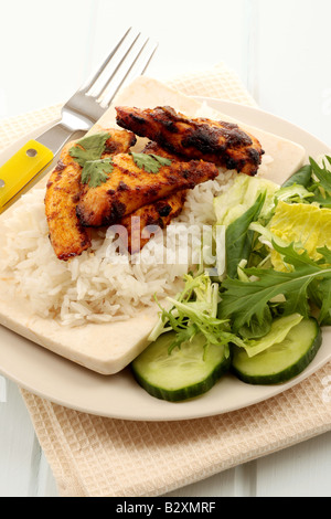 Frische im indischen Stil pikanten Tandoori Chicken und Reis essen mit einem grünen Salat Isoliert gegen einen weißen Hintergrund mit Freistellungspfaden und keine Leute Stockfoto