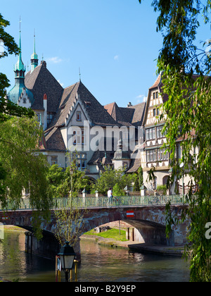 St Etienne Brücke über die Ill, Alfred Marzolff Haus, Lycée des Pontonniers, internationale High School, Straßburg, Elsass, Frankreich, Europa, Stockfoto