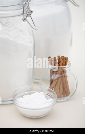 Puderzucker, Mehl, Zucker und Zimtstangen in Glasbehältern Stockfoto