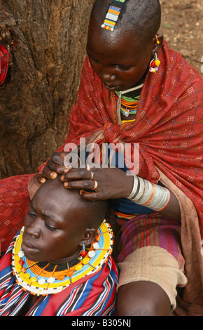 Karamojong ethnische Frauen Vorbereitung Kopf für traditionelle beadwork Kopfschmuck, Karamoja, Uganda, Afrika Stockfoto