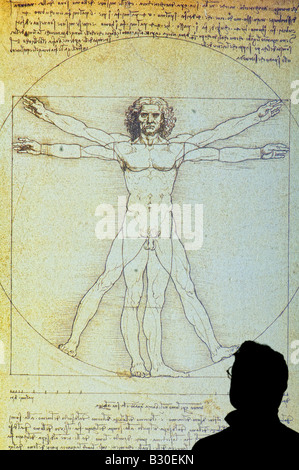 man studiert Plakat der vitruvianische Mensch 1490 von Leonardo da Vinci 1452-1519 Feder und Tinte Stockfoto
