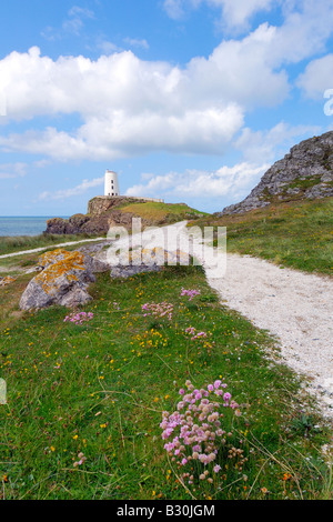 Leuchtturm am Porth Twr Mawr auf Llanddwyn Island vor der Küste von Anglesey in Newborough Warren Stockfoto