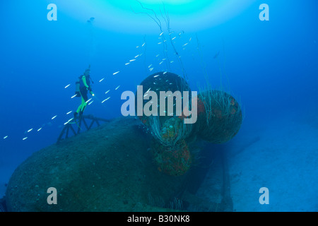 Taucher am Propeller Wrack USS Anderson Zerstörer Marshallinseln Bikini Atoll Mikronesien Pazifischen Ozean Stockfoto