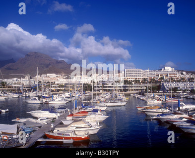 Blick auf Puerto Colon Marina mit beeindruckender Bergkulisse am Playa de Las Americas Stockfoto