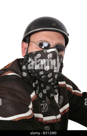 Motorradfahrer mit Halbschale Helm, Sonnenbrille und Drapierung Stockfoto