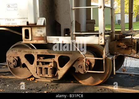 Nahaufnahme von Eisenbahn-Pkw-Räder Stockfoto