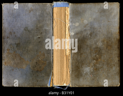 Getragen und gebeizt schmutzig blau Leder Bucheinband mit zerrissenes Papier Wirbelsäule zeigen sich durch die Stockfoto