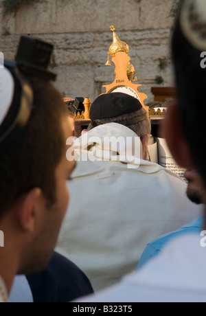 Israel Jerusalem Klagemauer Juden tragen Phylakterion und beten mit Thora Gebetsschal scrollen Stockfoto