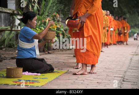 Lao Mönche empfangen Morgen Almosen in der Weltkulturerbe Stadt Luang Prabang in Laos. Stockfoto